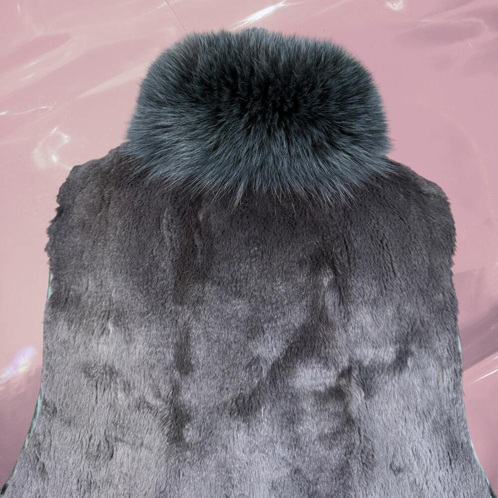 Y2K real fur vest with fox collar 2000s grunge green and gray